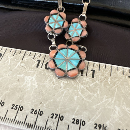 Pink Coral Turquoise Pendant Zuni Sterling Silver Old Pawn Necklace 22" 19143
