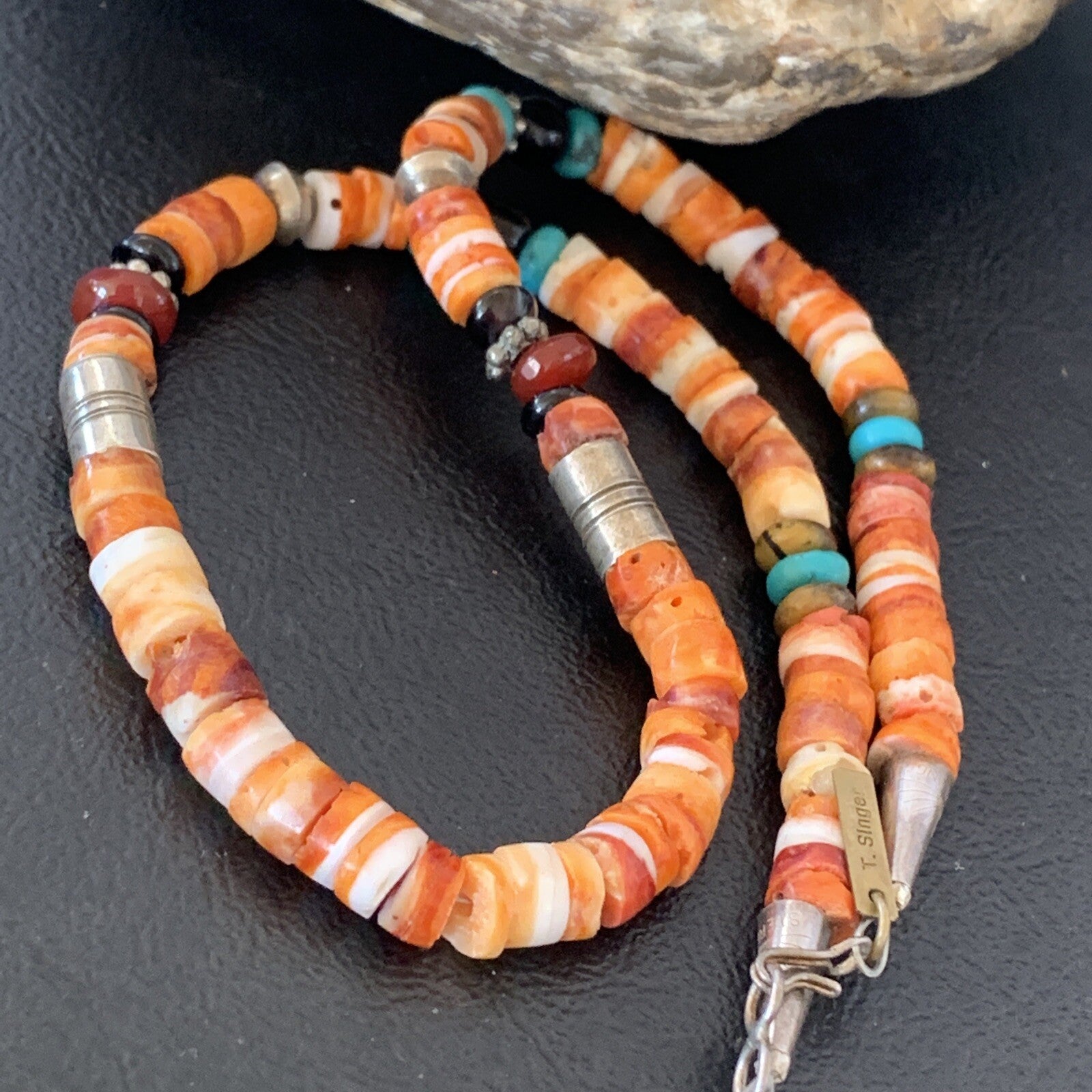 Turquoise Spiny Oyster & Coral Beads Sterling Silver Gold Necklace 10394