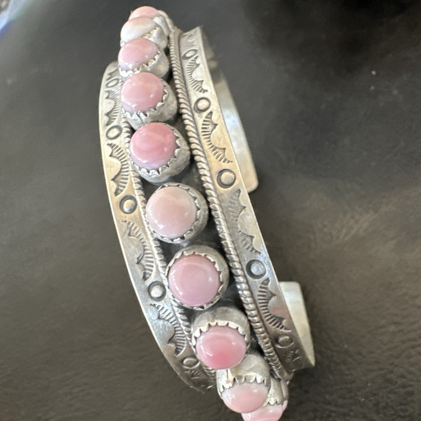 Navajo Pink Conch Cluster Sterling Silver Cuff Bracelet 18854