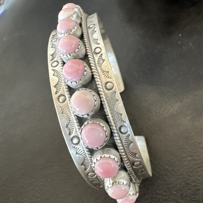 Navajo Pink Conch Cluster Sterling Silver Cuff Bracelet 18854