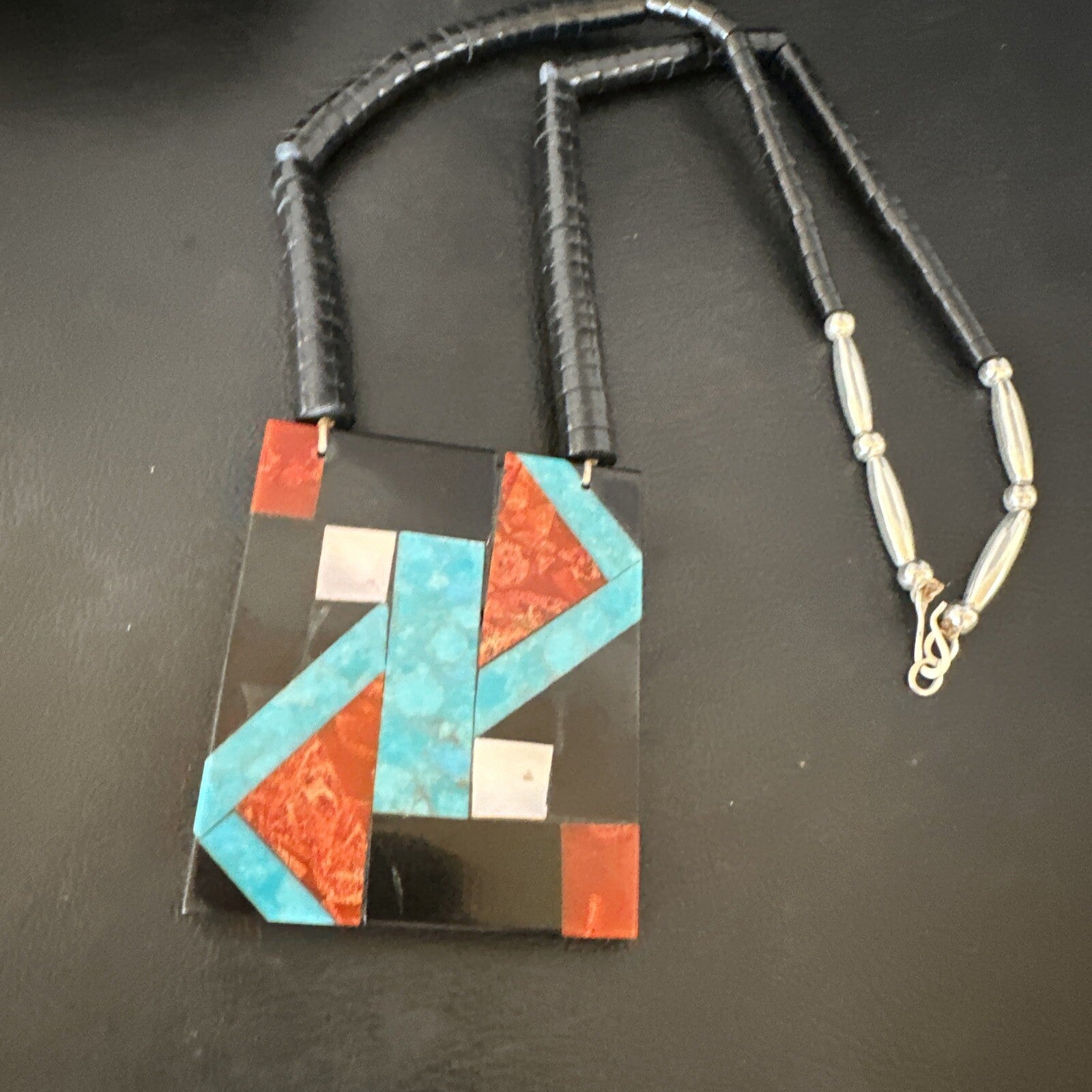 Blue Turquoise Black Onyx Santo Domingo Sterling Silver Necklace 21” 15666