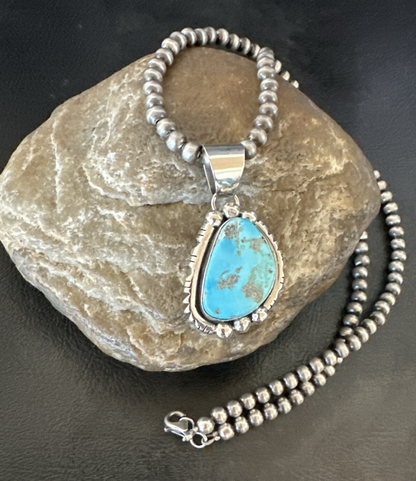 Rustic Blue Kingman Turquoise Pendant Navajo Sterling Silver Necklace 20" 18316