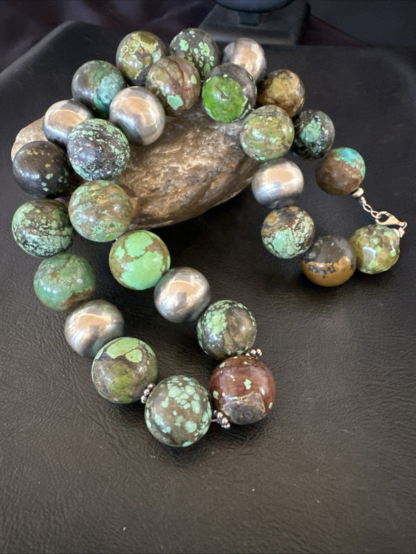 18mm Green Turquoise Round Navajo Pearls Necklace 21" | Sterling Silver | Authentic Native American Handmade | 19145