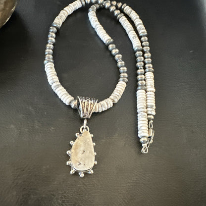 White Buffalo Turquoise Pendant Navajo Pearls Sterling Silver Necklace 22" 18261