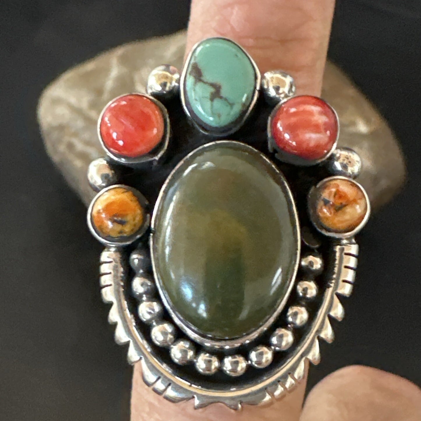 Cluster Blue Turquoise Spiny Oyster Sterling Silver Ring Size 8 18567