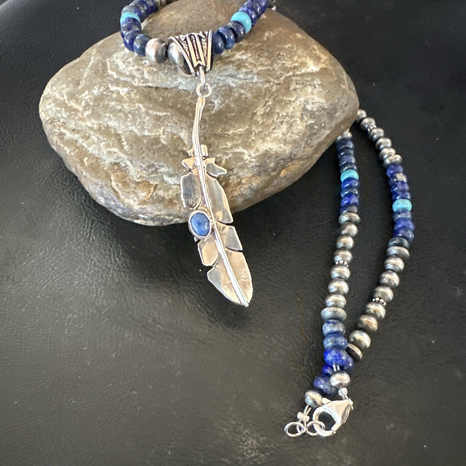 Blue Turquoise Lapis Feather Pendant Navajo Sterling Silver Necklace 21” 17789