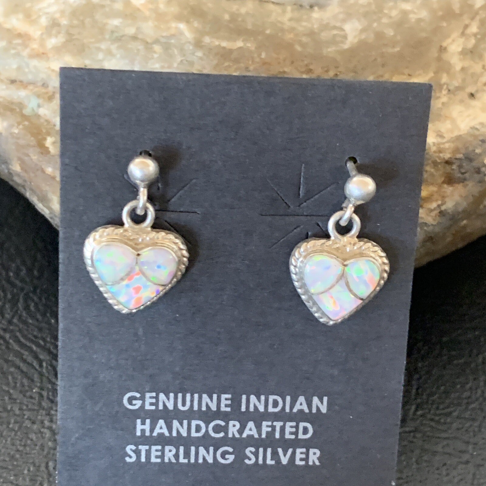Womens White Opal Inlay Navajo Sterling Silver Dangle Post Earrings 0.5" 12761