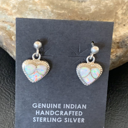 Womens White Opal Inlay Navajo Sterling Silver Dangle Post Earrings 0.5" 12761