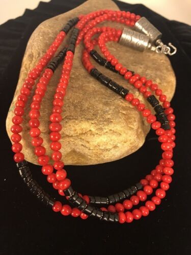 Navajo Coral Necklace Pendant Sterling Silver 20" 3 Strand 8006