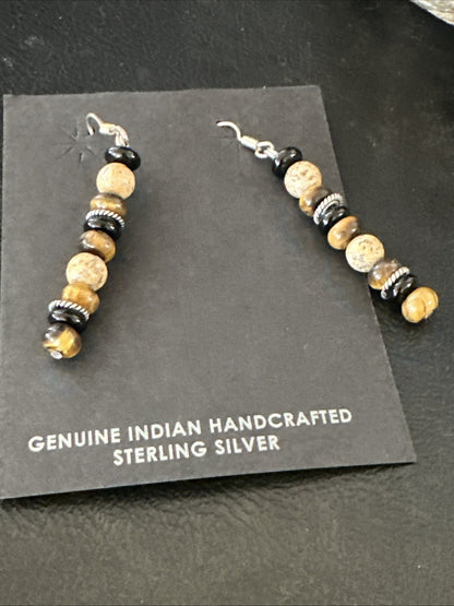 Navajo Sterling Silver Tigers Eye Picture Jasper Onyx Dangle Earrings 18721