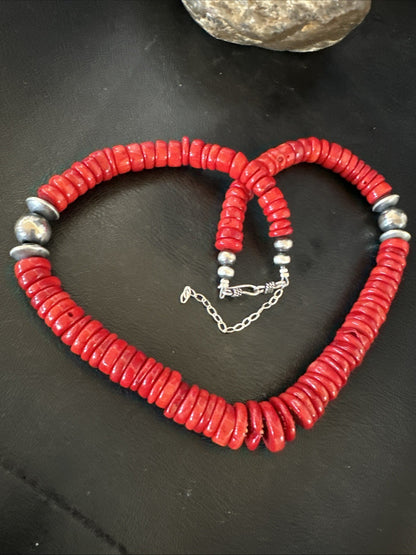 Red Bamboo Coral Navajo Sterling Silver Bead Necklace 19" 19227