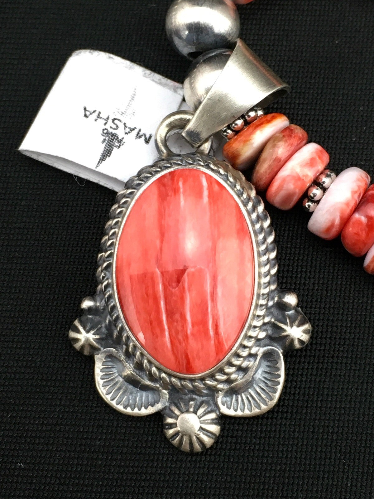 Red Spiny Oyster Pendant Navajo Pearls Sterling Silver Necklace 2685