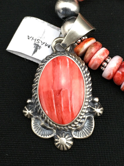 Red Spiny Oyster Pendant Navajo Pearls Sterling Silver Necklace 2685