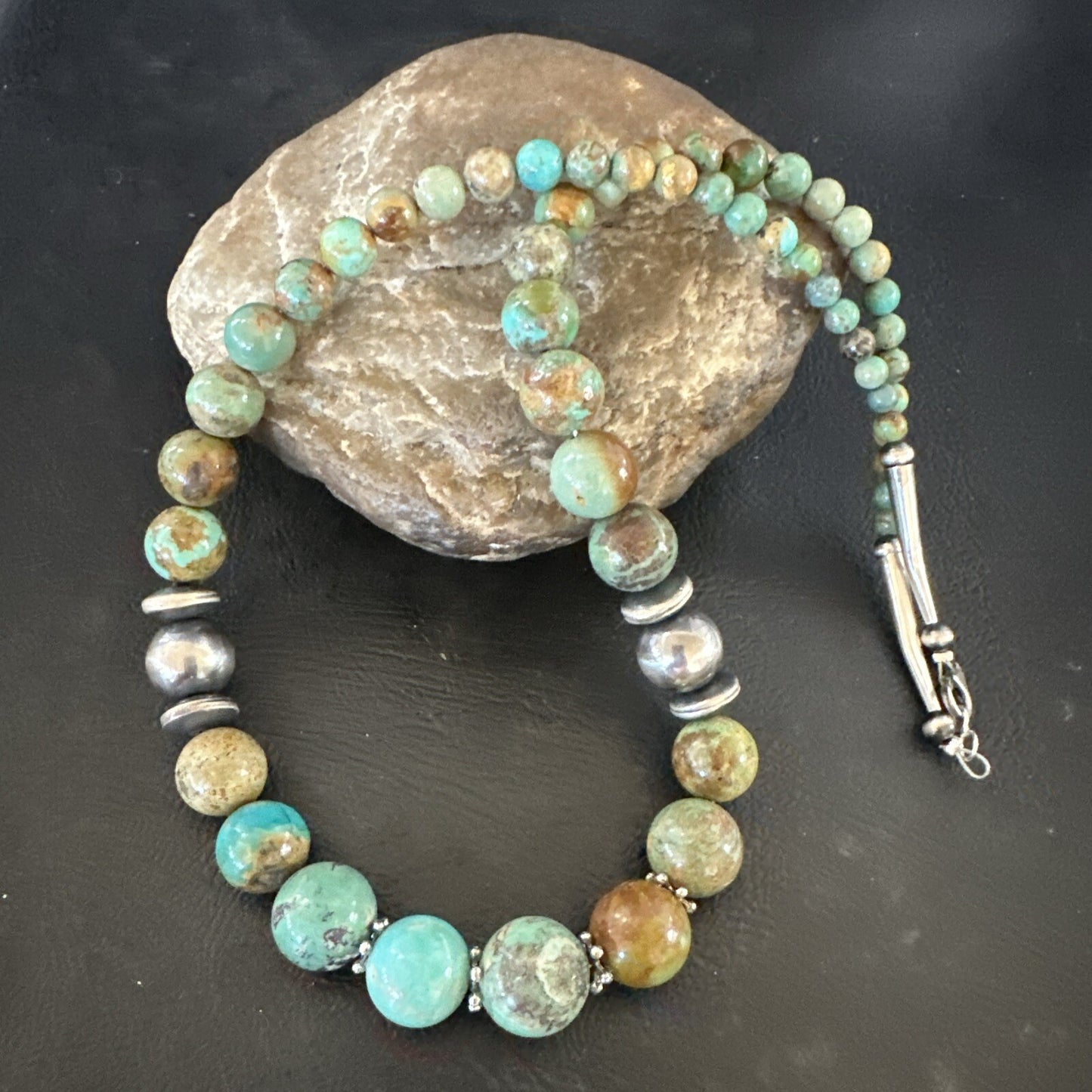 Green Turquoise Graduated Navajo Sterling Silver Necklace 21” 17782