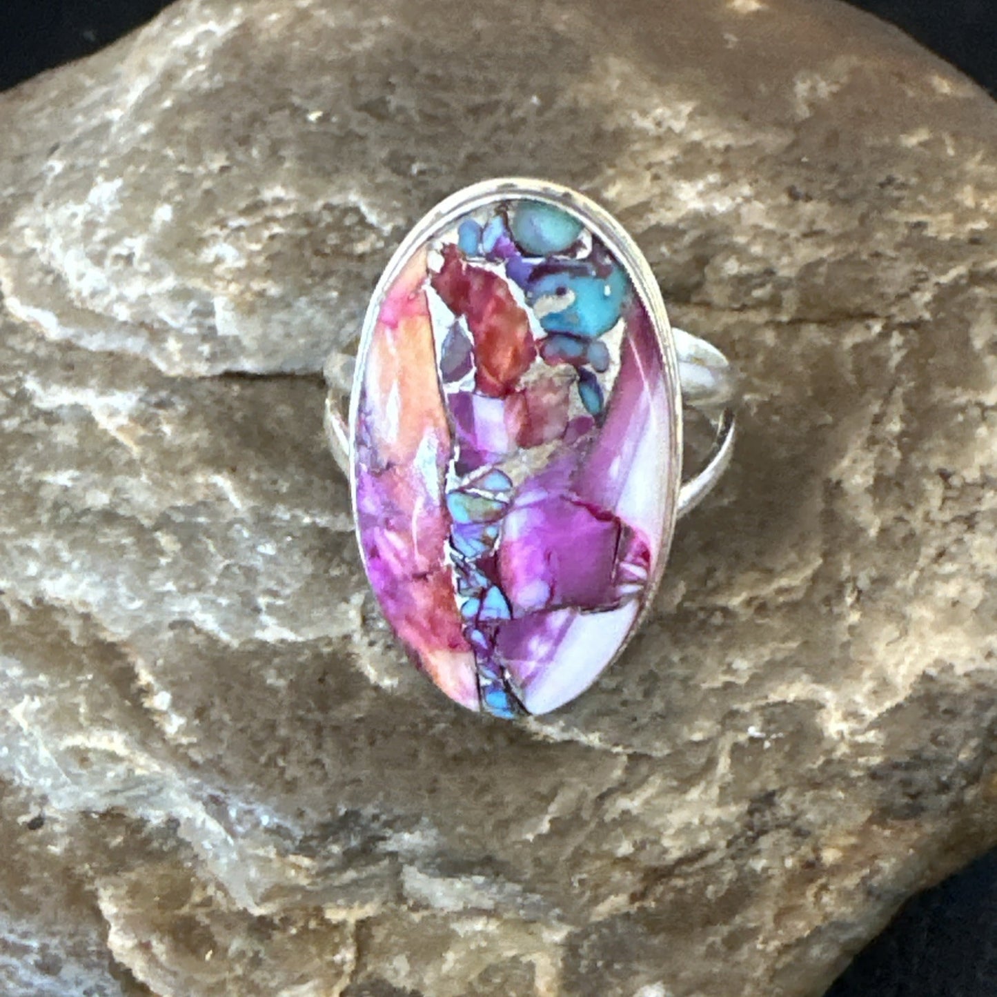 Blue Turquoise Spiny Oyster Southwestern Sterling Silver Ring Size 10 19056
