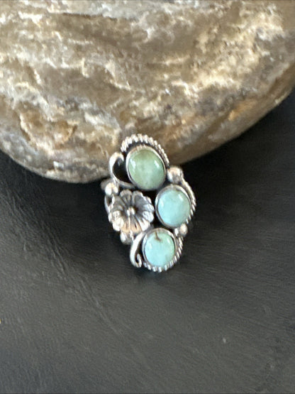 Yazzie Ring Green Turquoise Navajo Sterling Silver Cluster Size 8 19199