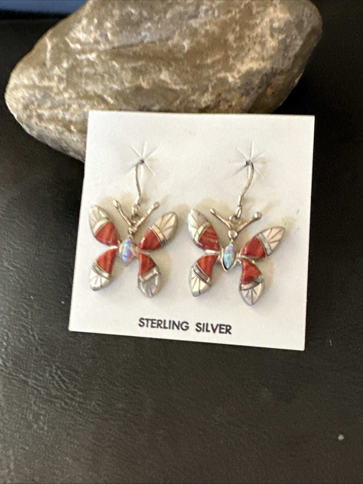 Butterfly Multicolor Red Spiny MOP Inlay Sterling Silver Earrings 19817