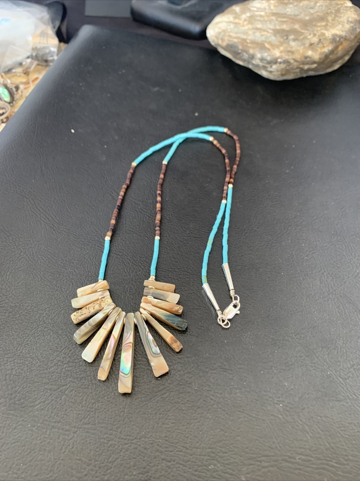 Blue Turquoise & Pava Shell Heishi Navajo Sterling Silver Necklace 01689