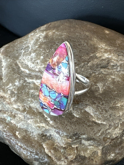 Blue Turquoise Orange Spiny Oyster Navajo Sterling Silver Ring Size 5.5 18210