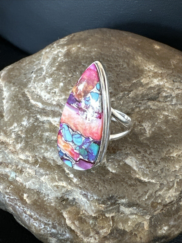 Blue Turquoise Orange Spiny Oyster Navajo Ring Size 5.5 | Sterling Silver | Authentic Native American Handmade | 18210