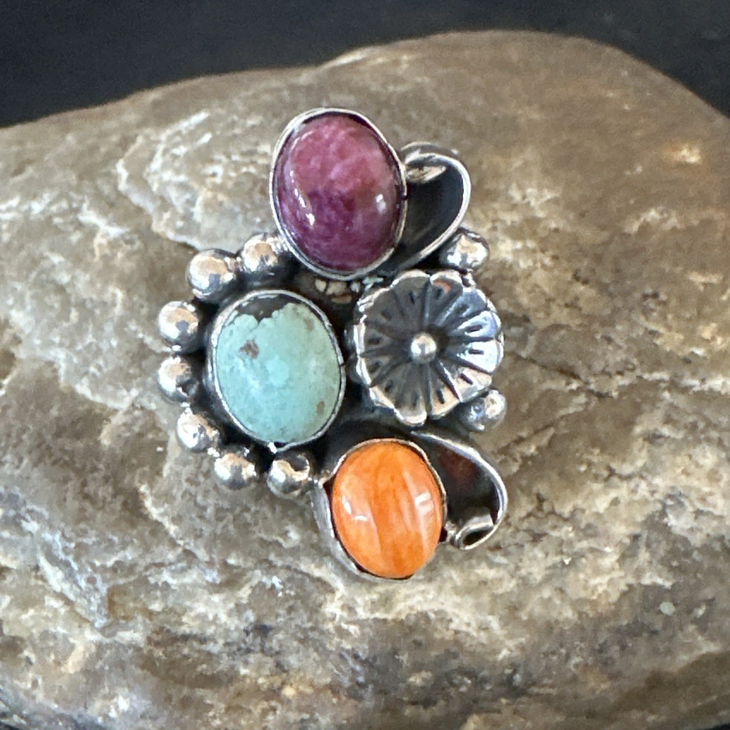 Multicolor Ring Turquoise Spiny Navajo Sterling Silver Cluster Size 8.5 19181