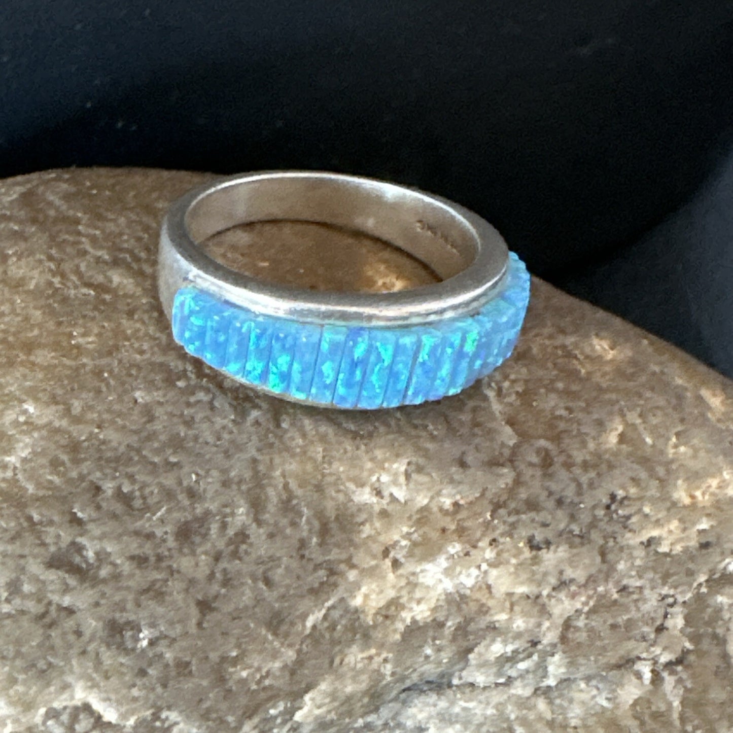 Blue Opal Navajo Sterling Silver Band Inlay Ring Size7 18800