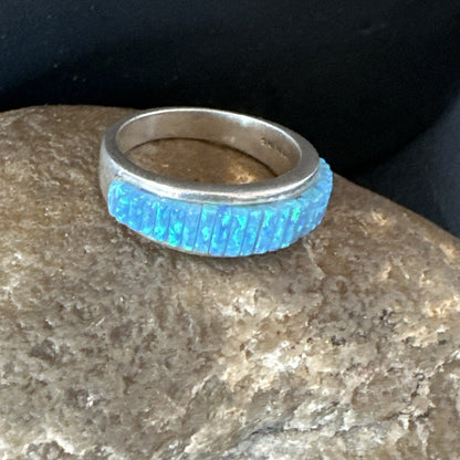 Blue Opal Navajo Sterling Silver Band Inlay Ring Size7 18800