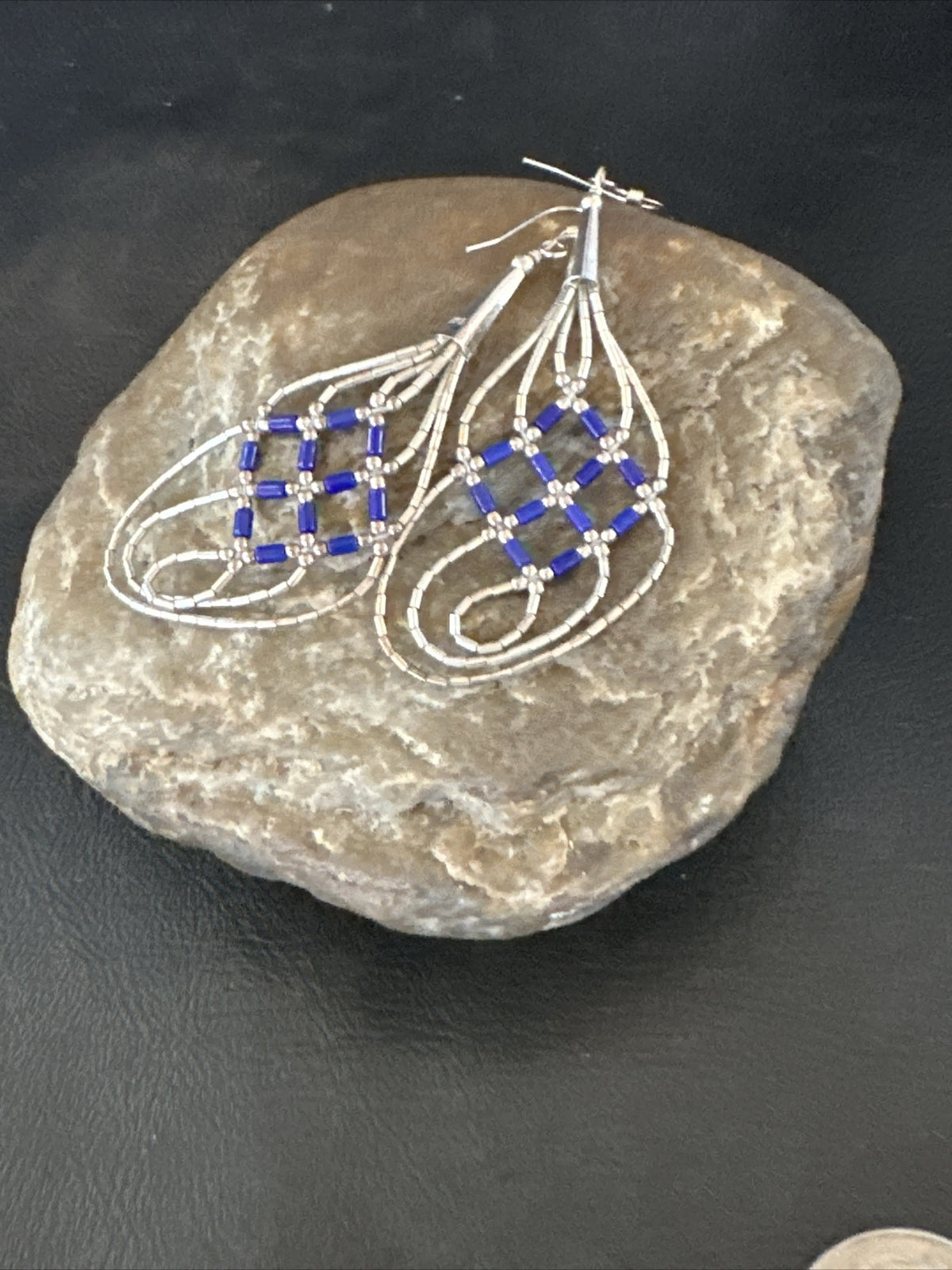 Blue Lapis 3 Strand Heishi Liquid Sterling Silver Dangle Earrings 17737