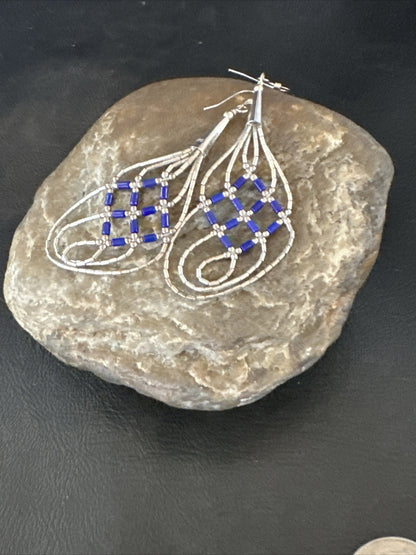 Blue Lapis 3 Strand Heishi Liquid Sterling Silver Dangle Earrings 17737