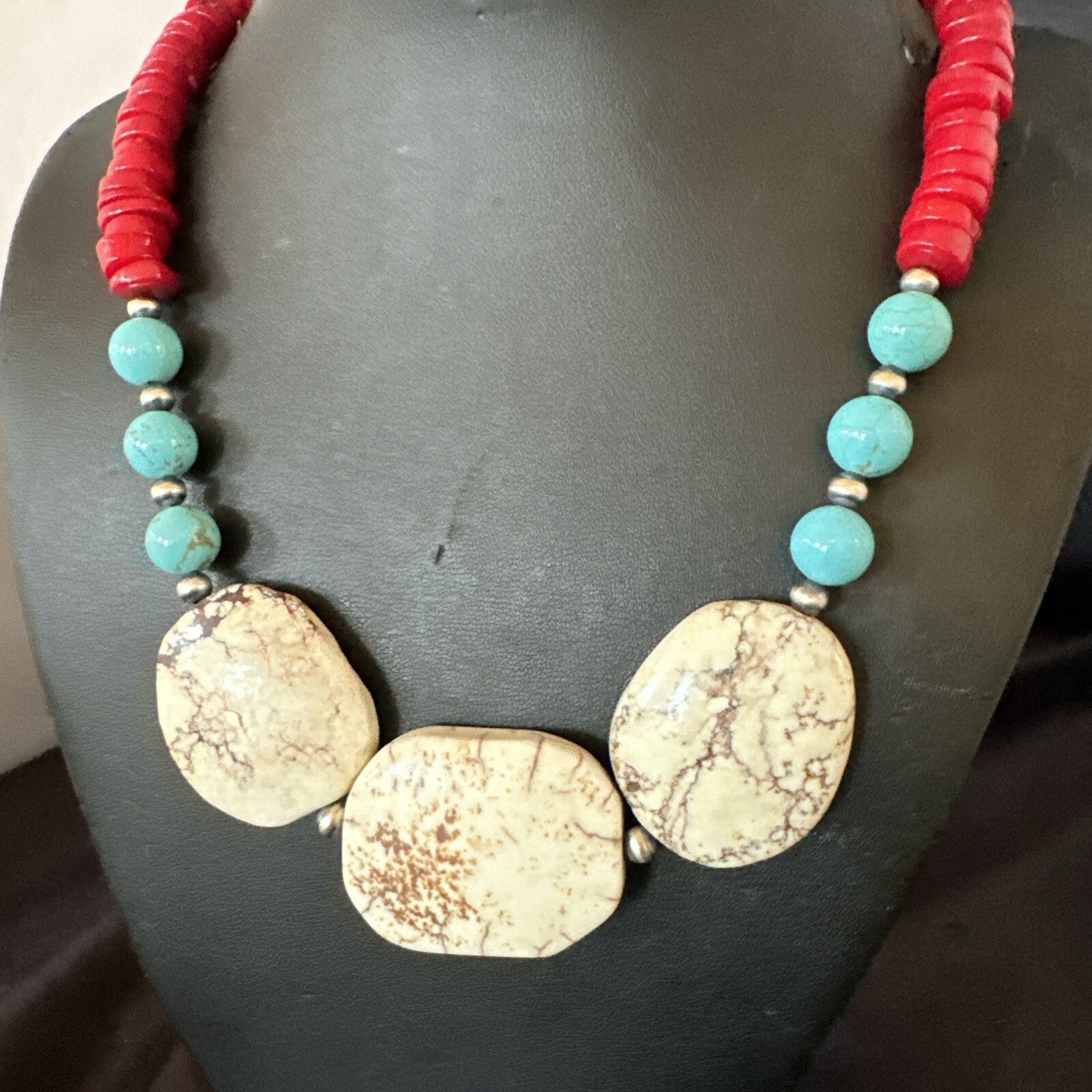 Mens Wild Horse Blue Turquoise Red Coral Navajo Sterling Silver Necklace 17981