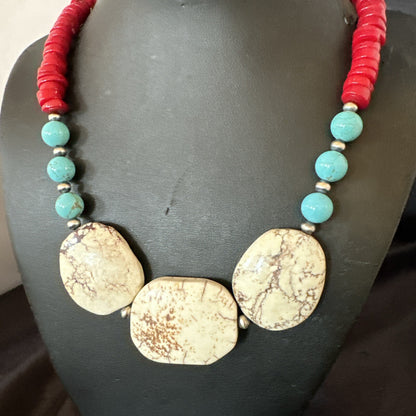 Mens Wild Horse Blue Turquoise Red Coral Navajo Sterling Silver Necklace 17981