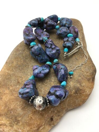 Navajo Turquoise & Magnesite Nugget Necklace Sterling Silver 19" 4514