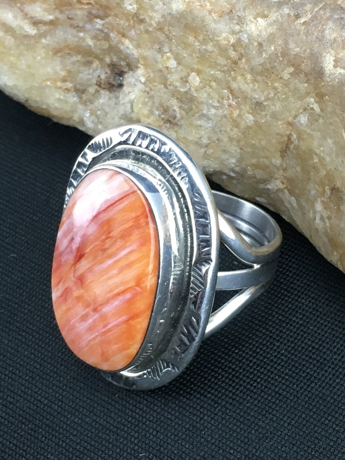 Orange Spiny Oyster Southwestern Sterling Silver Ring Size 7.75 04888