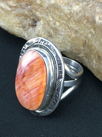 Orange Spiny Oyster Southwestern Sterling Silver Ring Size 7.75 04888