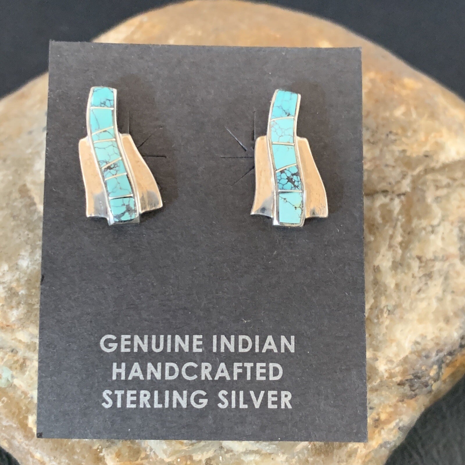 Womens Blue Spider Web Turquoise Navajo Sterling Silver Inlay Earrings 12901