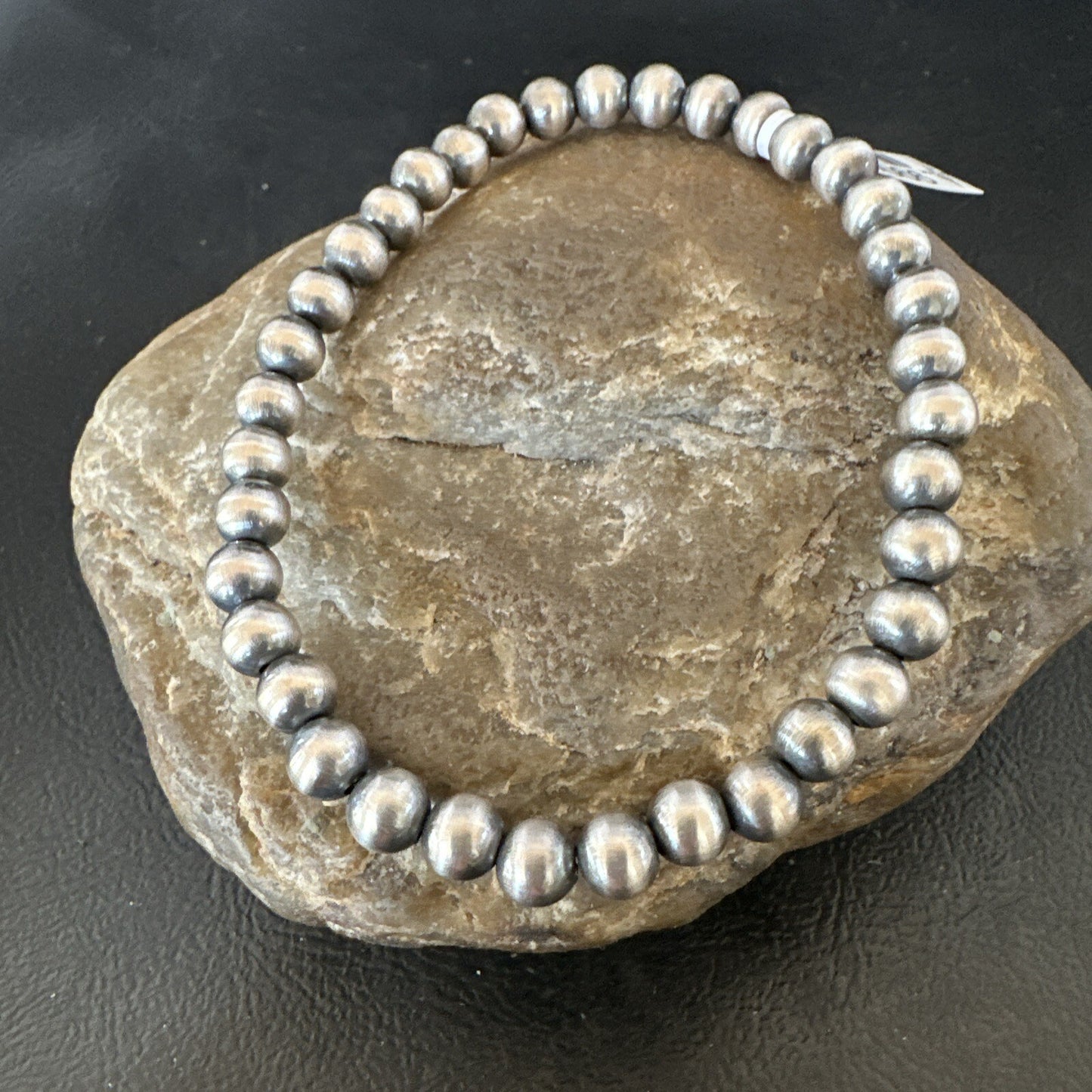 Native American 6mm Beads 8” Sterling Silver Stretch Beads Bracelet 99068