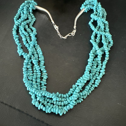 Navajo Sterling Silver  Nugget SB Blue Turquoise 5 Strands Necklace 20” 19662