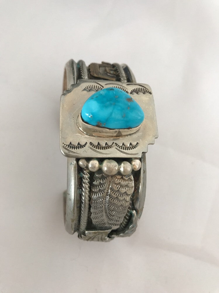 Blue Turquoise Navajo Sterling Silver Cuff Bracelet 12K Gold 08290