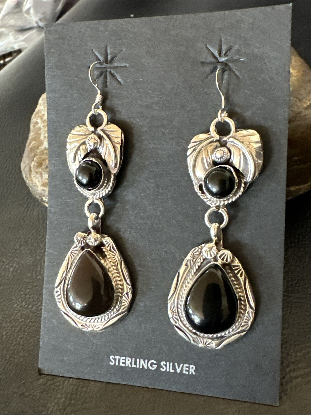 Black Onyx Navajo Sterling Silver Dangle Earrings 1.5" 18286