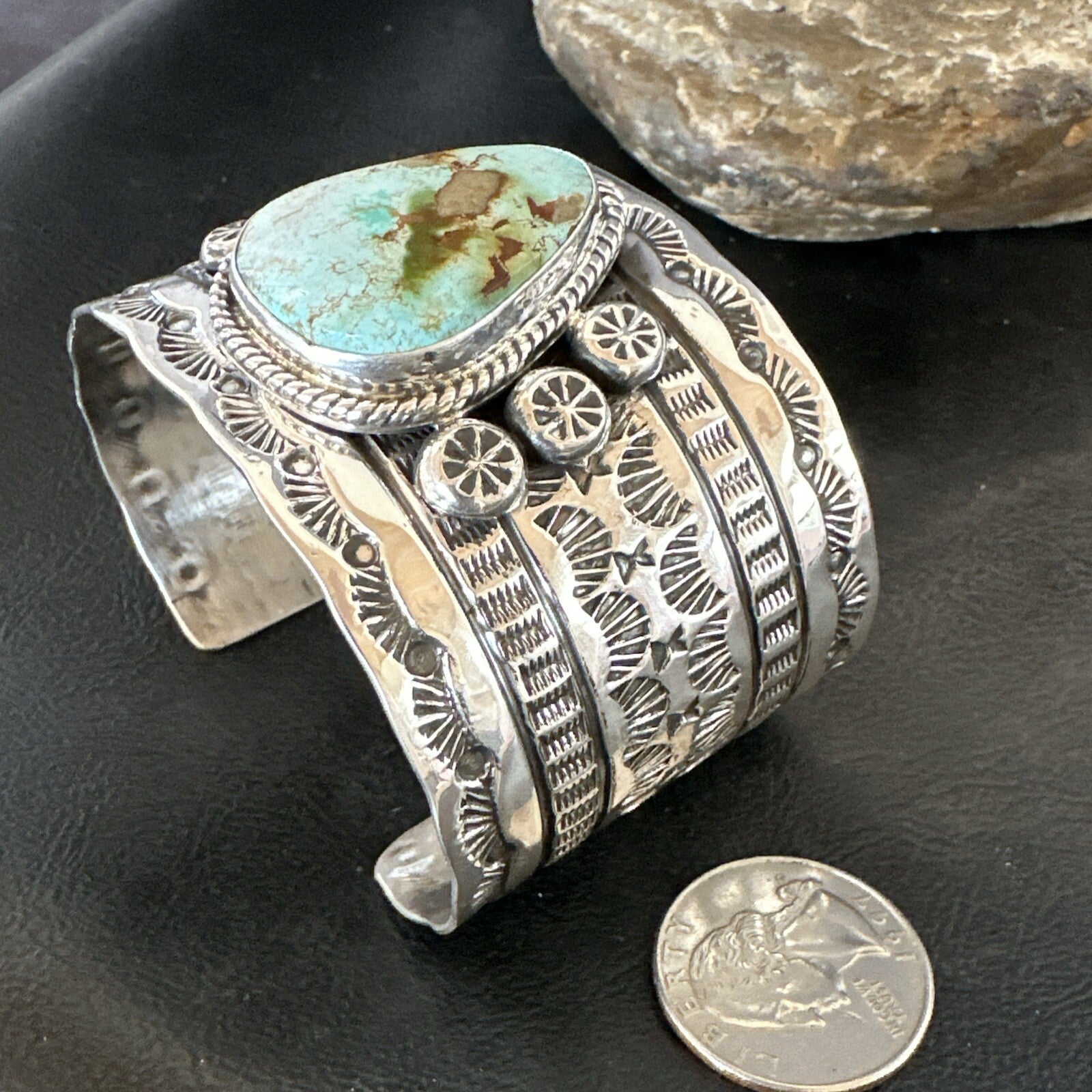 Navajo Women Green Royston Turquoise Stamped Sterling Silver Cuff Bracelet 17947