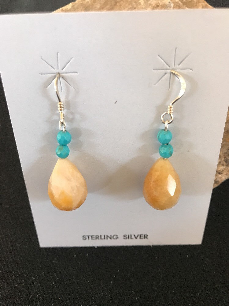 Native Turquoise & Jade Bead Navajo Dangle Earrings Sterling Silver 03817