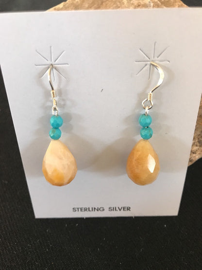 Native Turquoise & Jade Bead Navajo Dangle Earrings Sterling Silver 03817