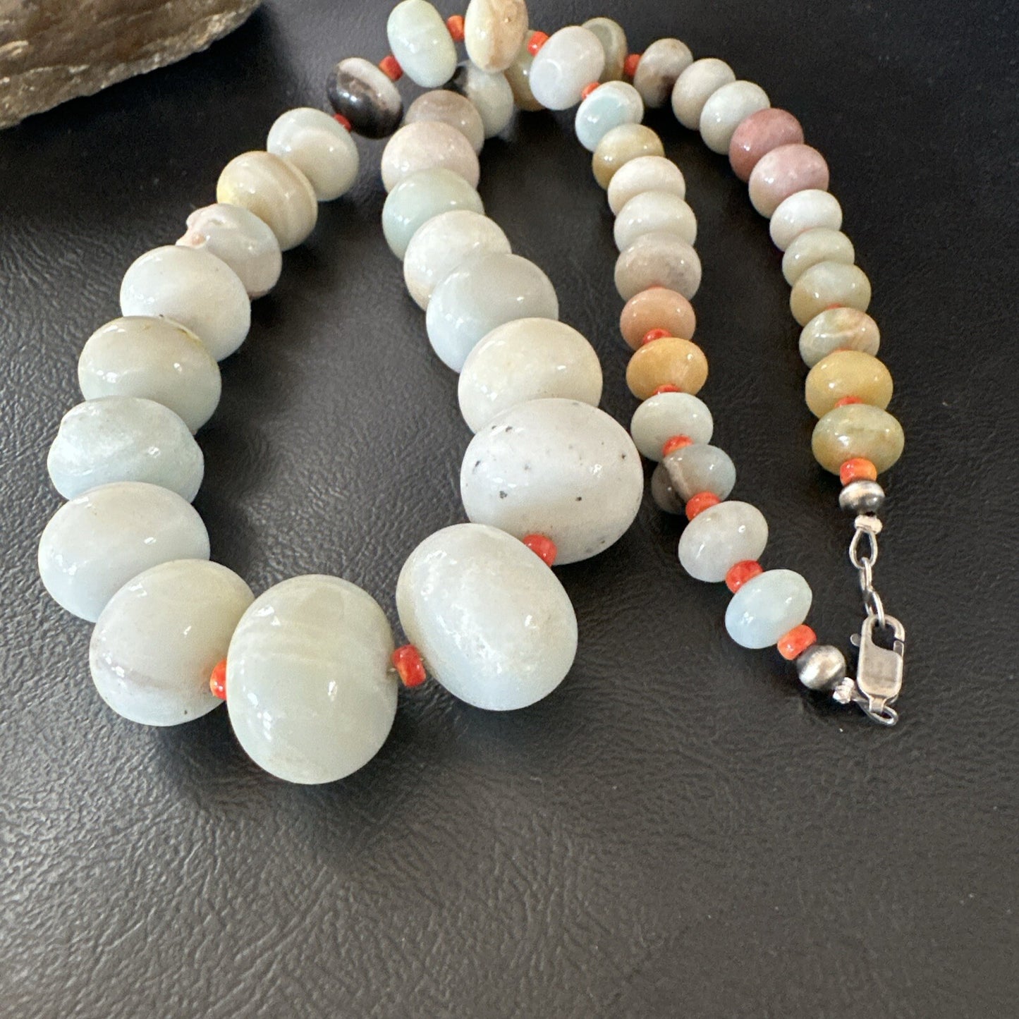 Blue Amazonite Orange Spiny Navajo Sterling Silver Bead Necklace 23” 18074