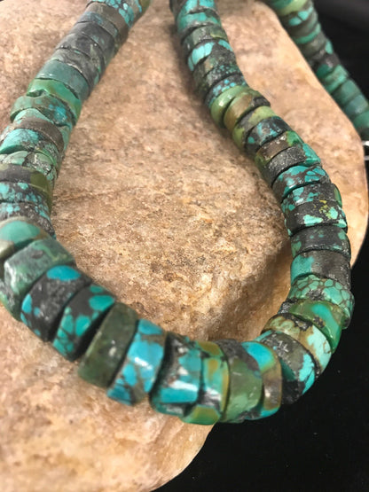 Turquoise 12 mm Heishi Bead Navajo Pearls Sterling Silver Necklace 3406