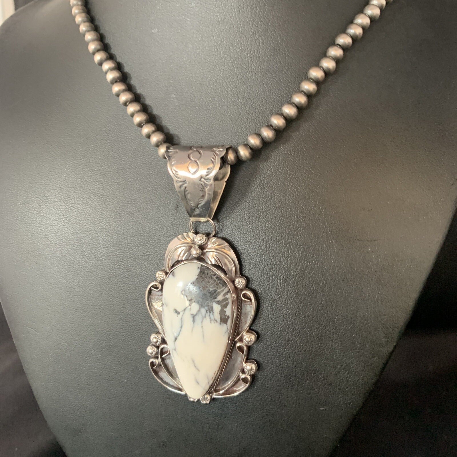 White Buffalo Turquoise Pendant Necklace Sterling Silver Navajo 13994