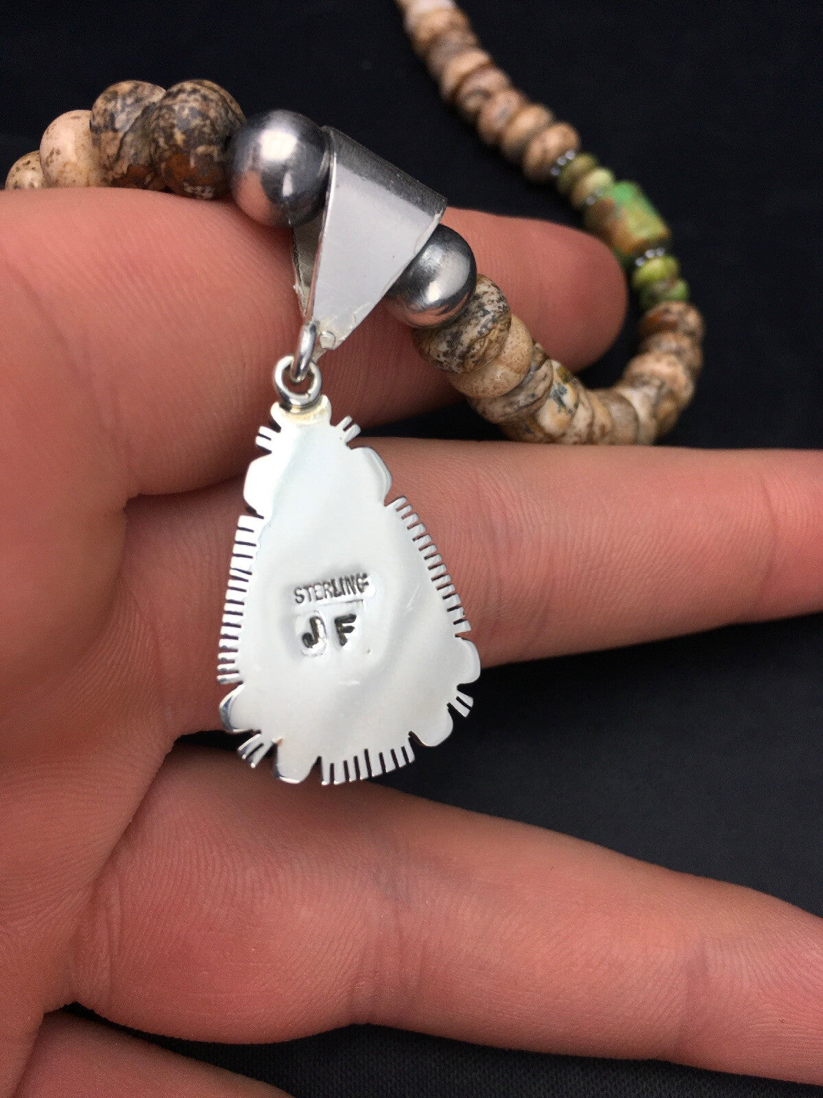 Green Turquoise & Picture Jasper Navajo Sterling Silver Necklace 02611