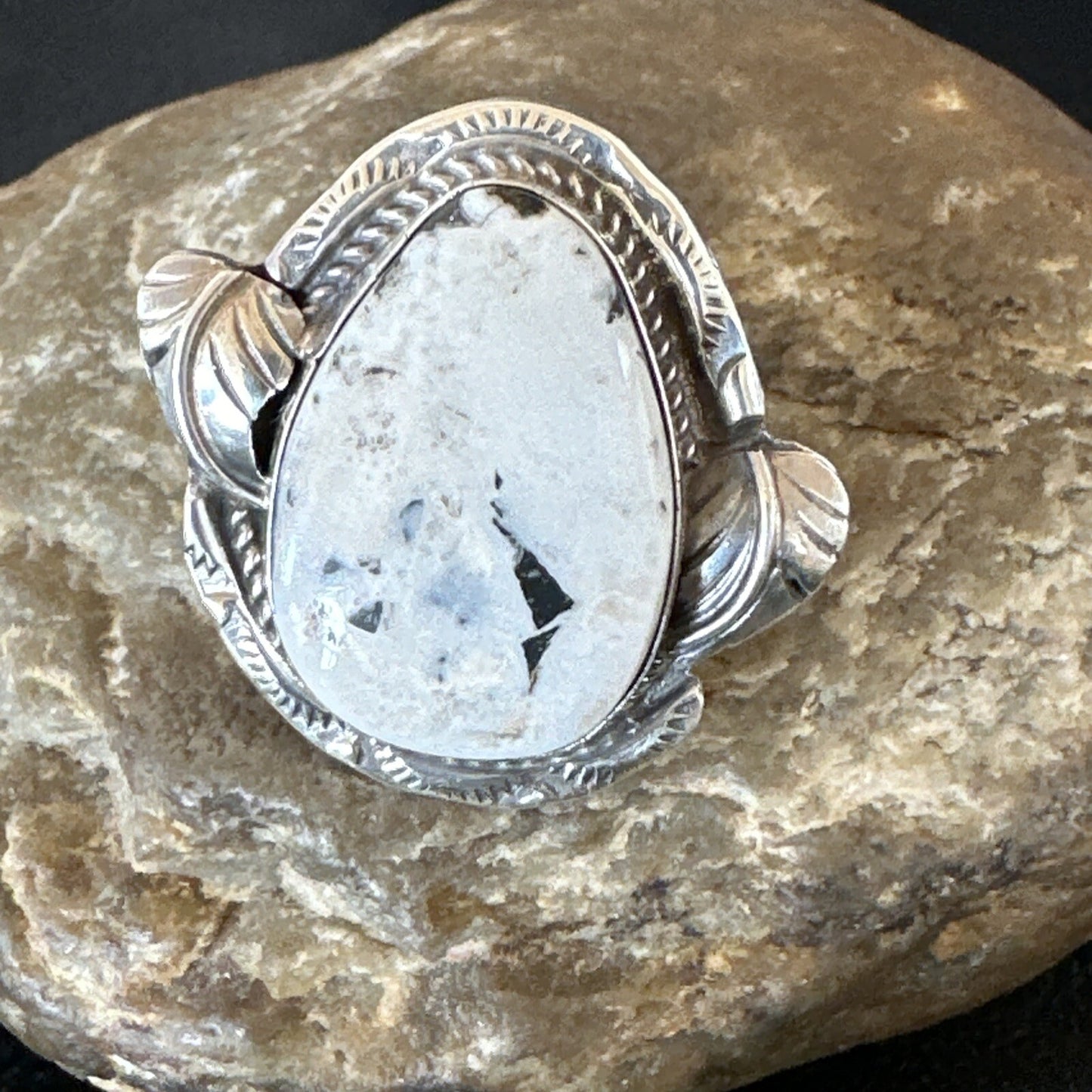 Mens Womens White Buffalo Turquoise Navajo Sterling Silver Ring Size 10 18104