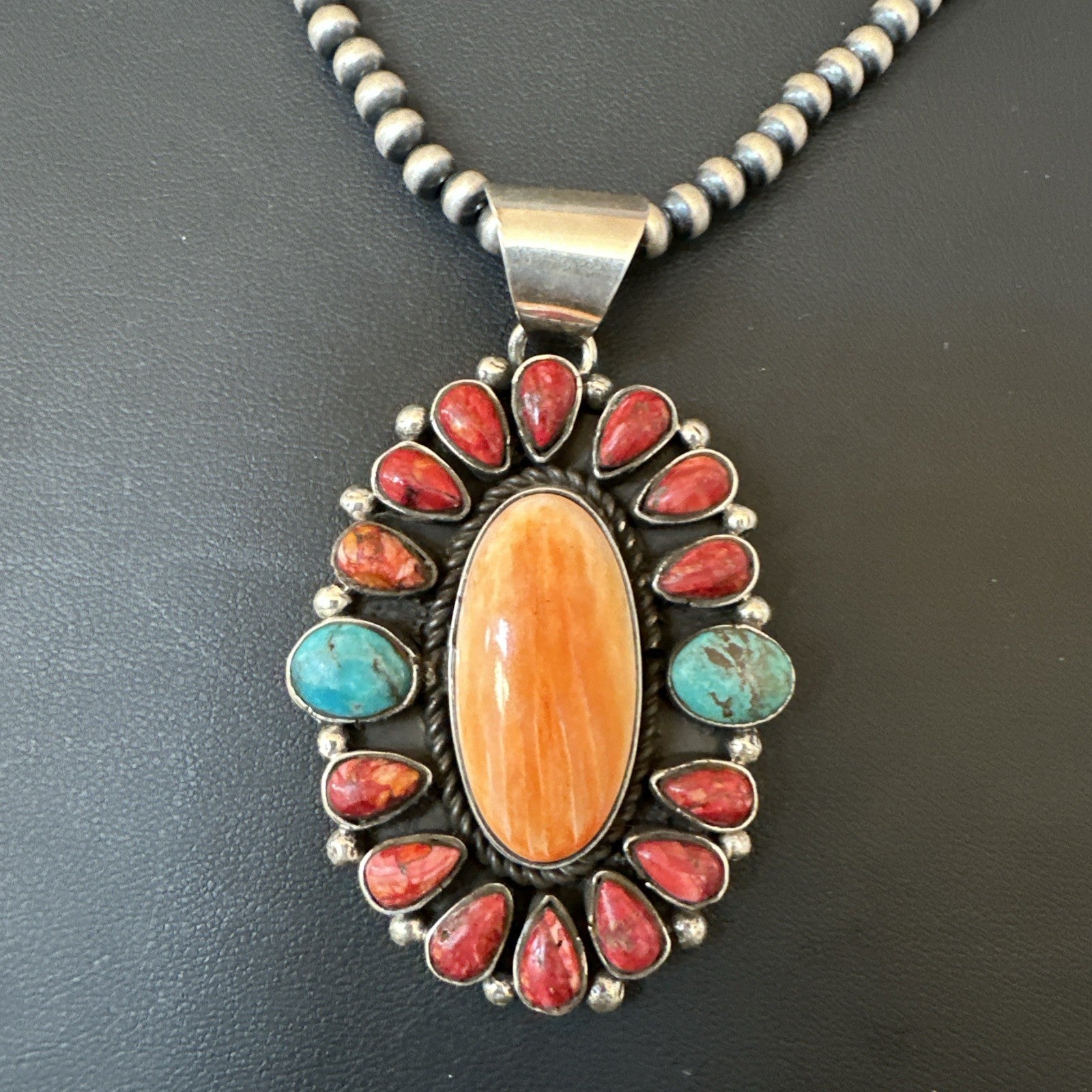 Multicolor Turquoise Spiny Navajo Sterling Silver Cluster Pendant Necklace 19564