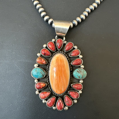 Multicolor Turquoise Spiny Navajo Sterling Silver Cluster Pendant Necklace 19564