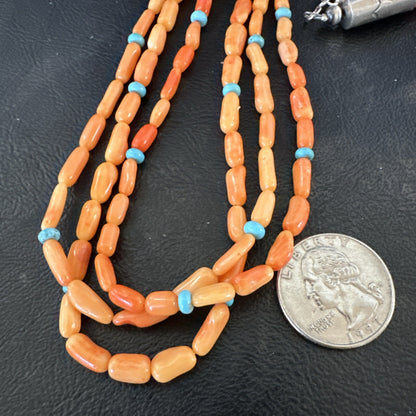 Native Turquoise Orange Coral Sterling Silver 3 Strand Necklace 21" 17818